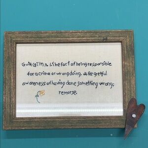 Rustic Wooden Frame with Embroidered Quote Guilt Remorse Handmade Unique